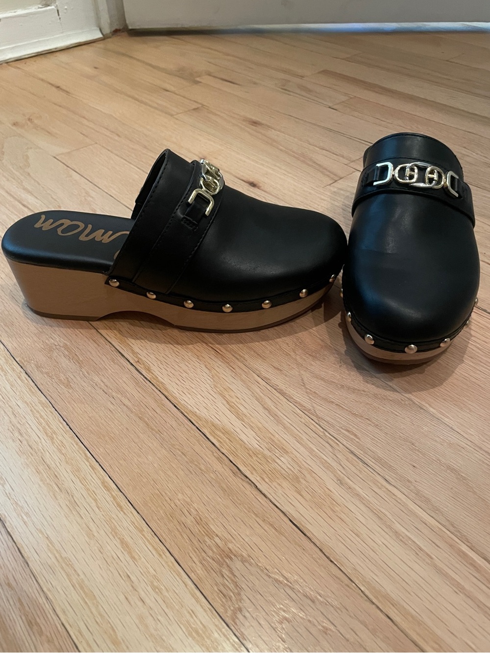Sam Edelman Black Leather Studded Clog Mules with Gold Chain Accent